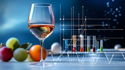 Glass of wine with fruits and abstract data visualization on a table against a blurred background