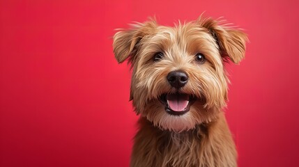 Smiling Yorkshire Terrier on vibrant red background
