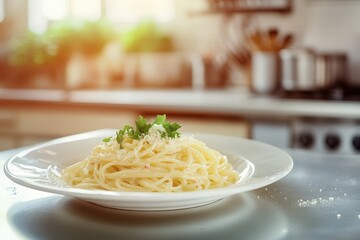 A plate of creamy pasta with grated cheese and parsley.