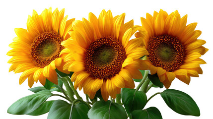 Obraz premium Golden Trio: Captivating shot of three radiant sunflowers in full bloom, their vibrant yellow petals and rich brown centers creating a stunning visual symphony.