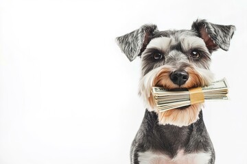 Miniature Schnauzer holding a roll of cash with confident look
