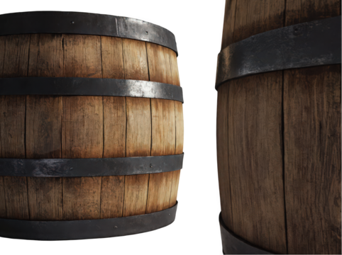 Close-up view of a rustic wooden barrel with metal bands, showcasing its texture.