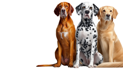 A Trio of Canine Companions: Three distinct dog breeds, each with unique features, sit side-by-side in a studio shot, showcasing the diversity and charm of the canine world.