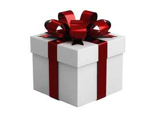 A festive white gift box adorned with a red ribbon and bow.
