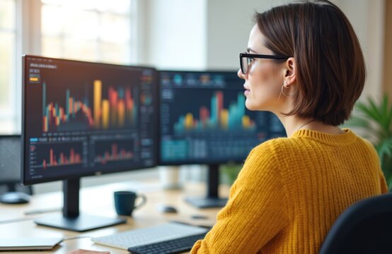 Young caucasian analyst woman works with financial data. She analyzes market charts, growth graphs on multiple computer screens. Data, statistic, online information analysis, finance workplace.