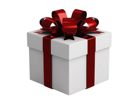 A festive white gift box adorned with a red ribbon and bow.
