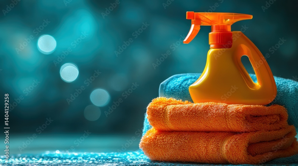 Poster a vibrant cleaning scene featuring a spray bottle on neatly stacked towels with a bokeh background