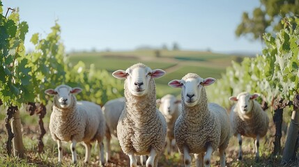 Fototapeta premium Five Sheep in Vineyard Setting