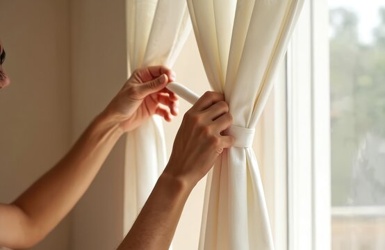 Man hangs white curtains on window ledge. Hands fixing window blind, installing drapes. Repair, renovation, home decor, DIY home improvement concept. Sunlight, cozy comfort in apartment room.