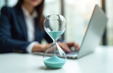 Business woman tracks time on sandglass working with laptop. Office setting, blurred background. Time management concept, urgency, efficiency, deadline, financial goals. Time passing during work.