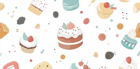 A seamless pattern of birthday cake slices is accompanied by a collection of sweet holiday bakery pieces, featuring pastry, chocolate, fruit, and berry desserts with candles, suitable for breakfast,