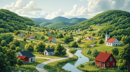 Serene countryside landscape featuring rolling green hills, charming houses, and a winding river