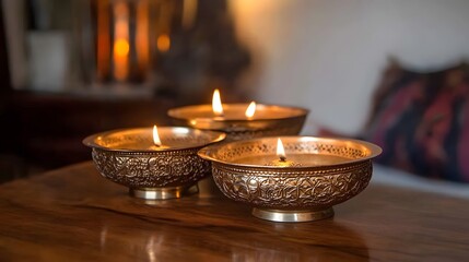 Ornate Brass Bowls with Burning Candles Peaceful Meditation Scene