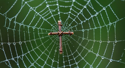 Obraz premium Wooden Cross in Dew Covered Spiderweb Against a Green Backdrop