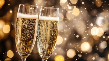 Sparkling champagne flutes, festive lights background, celebration toast