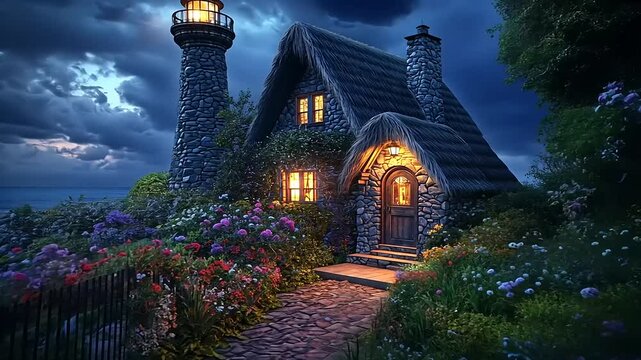 Charming stone cottage with a lighthouse by the sea at dusk, illuminated windows and flowers