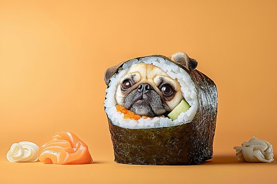 Funny pug wrapped like sushi roll on orange background
