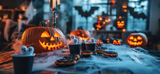 Halloween treats on table, carved pumpkins, spooky background