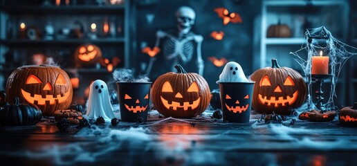 Halloween pumpkins, ghosts, spooky setting