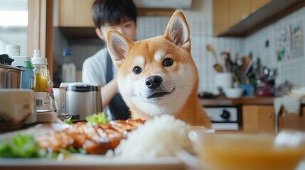 Shiba Inu staring at Japanese meal in cozy home kitchen
