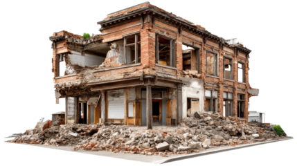 Devastation of an Era: An architectural relic stands as a solemn testament to time and the ravages of an historical event, showing the impact of change and disaster.
