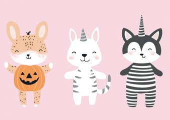 Naklejka premium The modern Halloween day features cute animals in a cartoon collection, complete with Halloween costumes, pumpkins, imps, wings, and unicorns, all set in an autumn festival