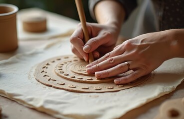 Woman hands shape clay disc with wooden tool in ceramics workshop. Creating ceramic art, pottery, handmade products. Workshop, studio, artist creates traditional craft. Focus on handmade pottery