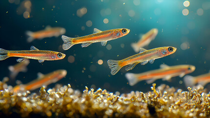 Small Orange and Brown Fish School Swimming Underwater in Dark Blue Green Glowing Background