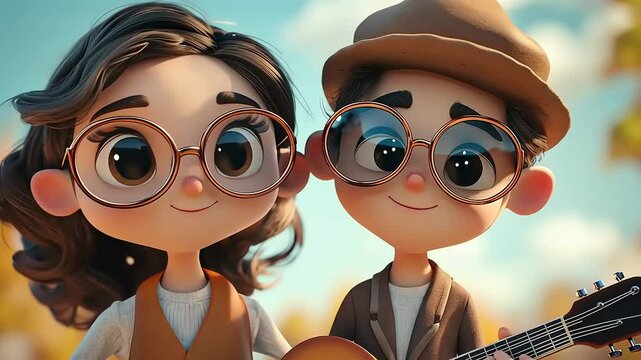 Cheerful animated couple enjoying a sunny day outdoors, playing guitar in a vibrant park