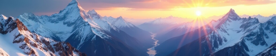 Obraz premium Sunlit snow-capped mountains, vast valley below , panorama, Patagonia