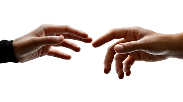 Connection and Touch: Two hands, one reaching out, the other mirroring, captured in a powerful, intimate moment of connection and potential interaction.