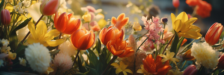 Banner with flowers at sunset or sunrise. Vibrant spring flower garden with colorful tulips and daffodils in sunlight