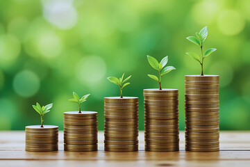 Stacks of coins with green plants symbolize financial growth and investment special design