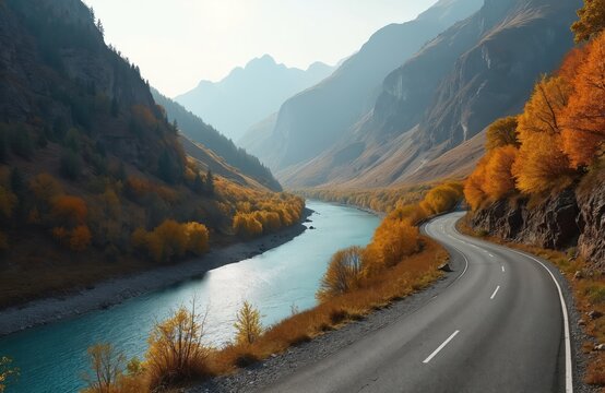 Two-lane asphalt road descends into autumn valley. Winding road with turquoise river along high mountain, river banks. Scenic panoramic autumn view. Explore nature, mountain range, season. Travel - Powered by Adobe