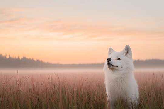 White dog sunrise field mist.
