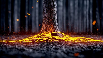 Glowing orange lava-like energy emanating from a tree in a dark forest with sparks flying