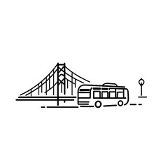 Minimalist city bus and bridge icon on white background