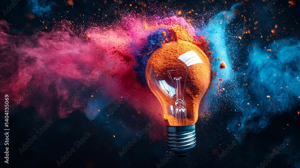 Poster a vibrant lightbulb exploding with creativity in a colorful powder explosion.