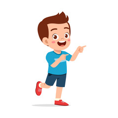 Happy Young Boy Smiling and Pointing Sideways with Finger Cartoon Style Illustration