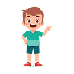 Happy Boy Pointing to The Right Side with Smiling in Cartoon Illustration Style Isolated