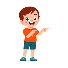 Happy Little Boy Smiling and Pointing Fingers to the Right Side with Cartoon Illustration