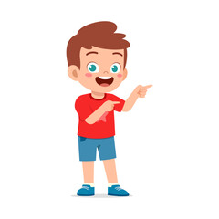 Happy Little Boy Pointing with Fingers with Smiling Face in Red Shirt Cartoon Illustration