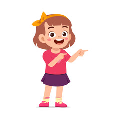 Happy Little Girl Pointing Fingers Sideways Smiling with Orange Hair Bow in Illustration Style