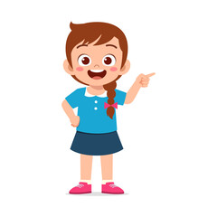 Happy girl standing and pointing to the side with a smile wearing blue dress illustration