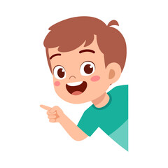 Happy Smiling Little Boy Cartoon Character Pointing to the Side, Peeking from Corner