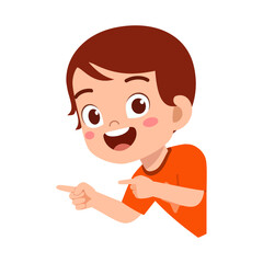 Happy Young Boy Pointing with Fingers Showing Smiling Expression on White Background Cartoon Illustration