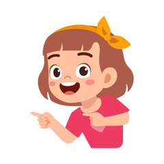 Happy little girl pointing fingers with smiling face in cartoon illustration