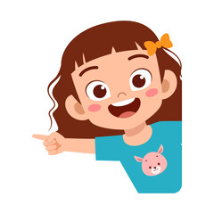 Happy Girl Smiling and Pointing Her Finger to The Left Side While Peeking From The Wall