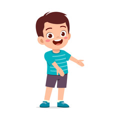 Happy Young Boy Smiling with Arms Open, Presenting or Welcoming in Cartoon Illustration