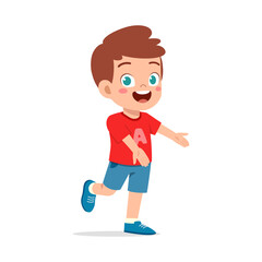 Happy Little Boy Extending Arms, Wearing Red T-Shirt and Blue Shorts in Cartoon Style